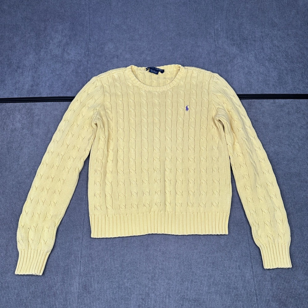 Ralph Lauren Cable Knit Sweater Yellow Cotton Crew Neck Purple Pony Logo L Y2k